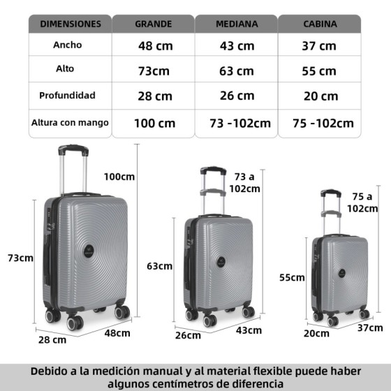 Maleta de Viaje de Cabina, Mediana, Grande 100ABS, 4 Ruedas Giratorias Maleta de Viaje de Cabina, Mediana, Grande 100ABS, 4 Ruedas Giratorias